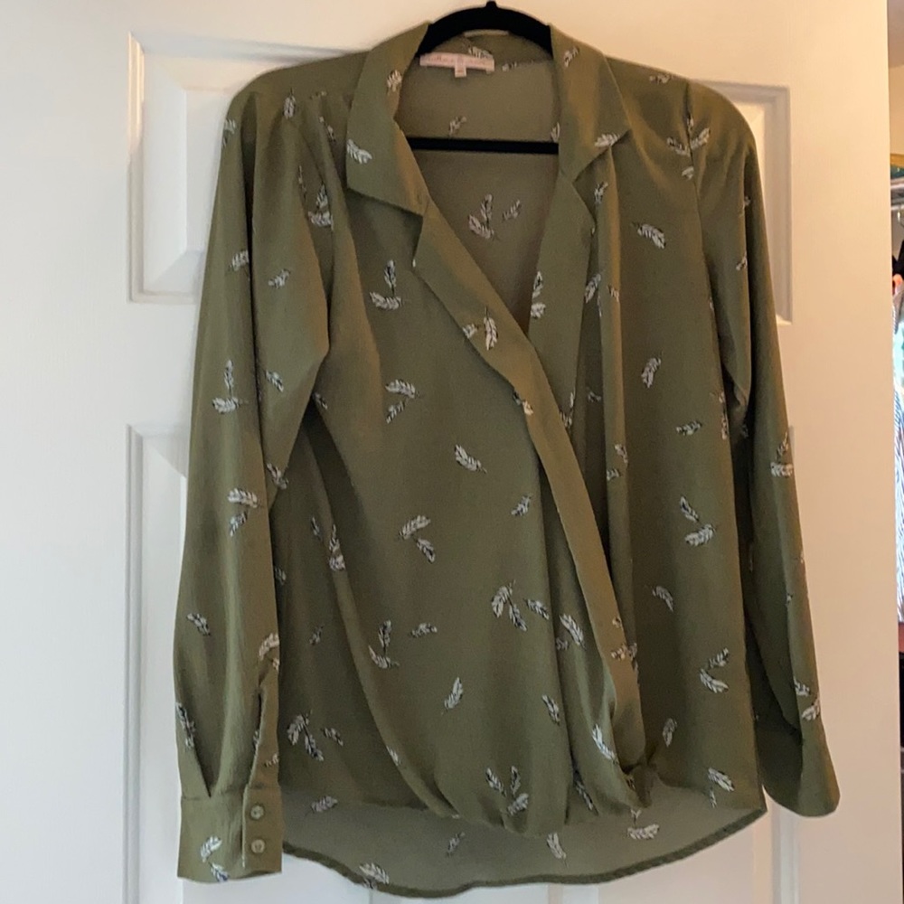 Buckle long sleeve olive-sage chiffon blouse